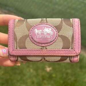 Coach Rare Vintage Key Holder Canvas Signature C Pink Leather Snap Close